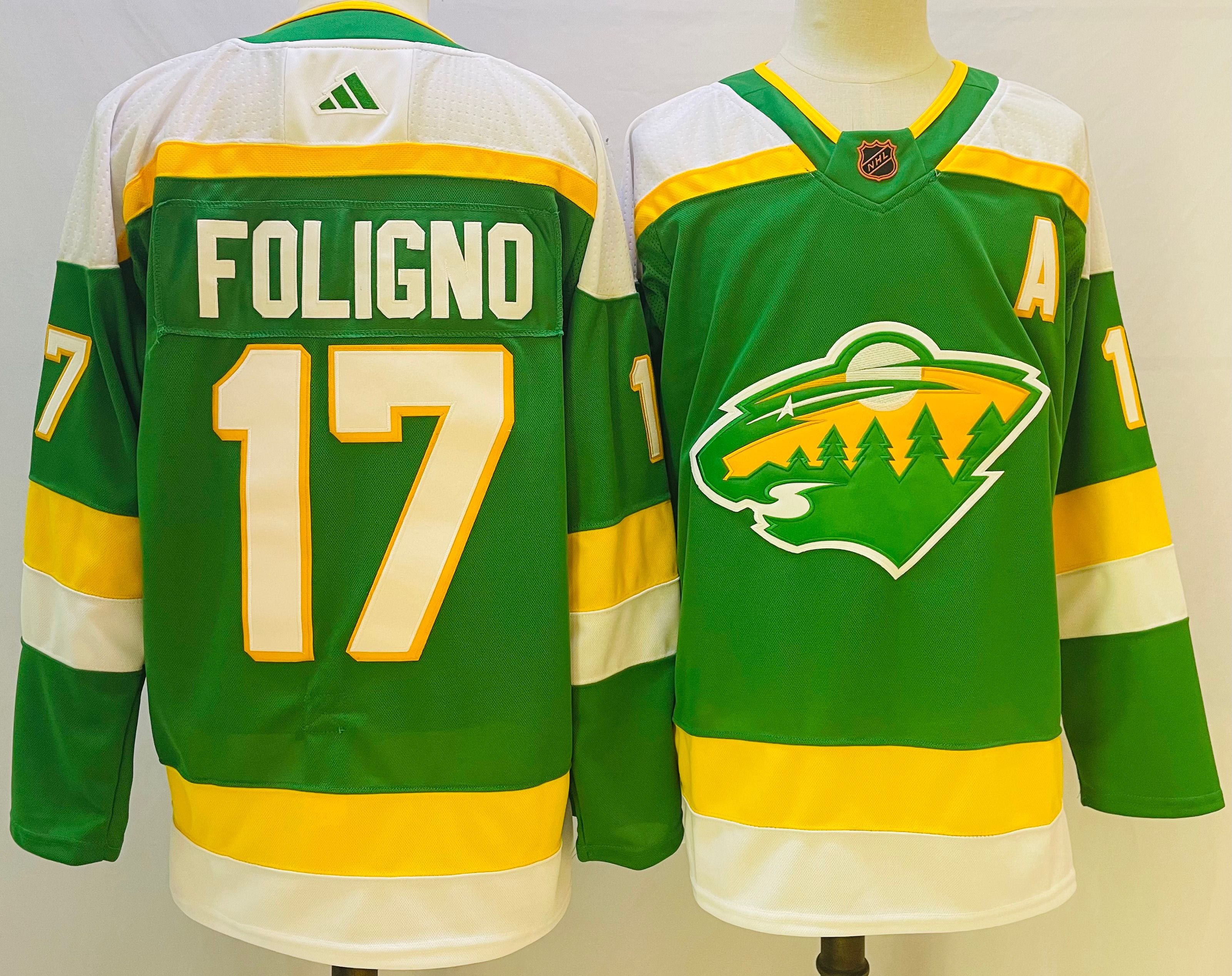 Men Minnesota Wild #17 Foligno Green Throwback 2022 Adidas NHL Jersey